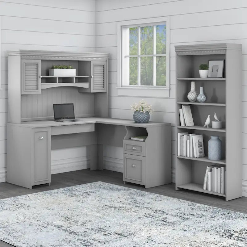 60W L-förmiger Schreibtisch mit Aufsatz, Aktenschrank und Bücherregal