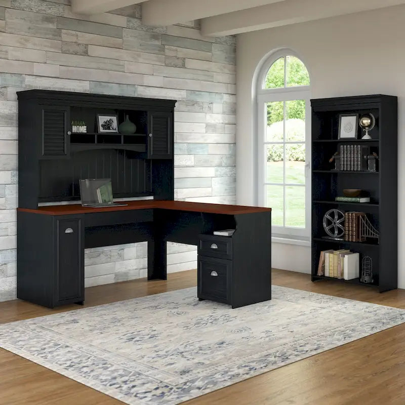 60W L-förmiger Schreibtisch mit Aufsatz, Aktenschrank und Bücherregal
