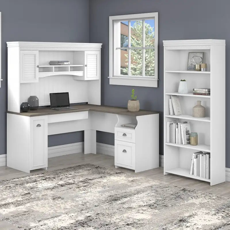 60W L-förmiger Schreibtisch mit Aufsatz, Aktenschrank und Bücherregal