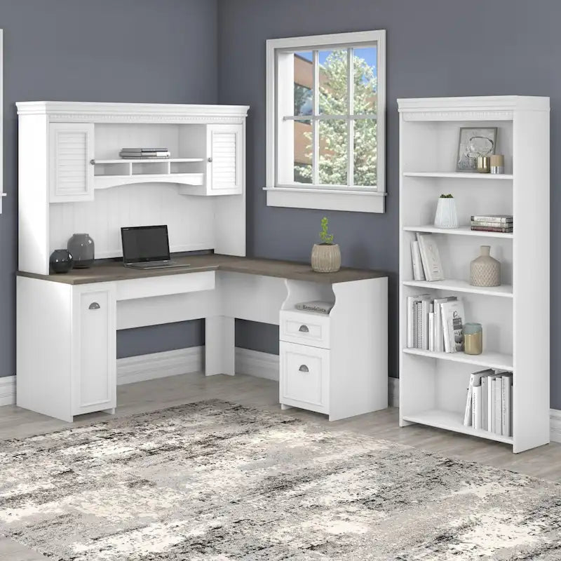 60W L-förmiger Schreibtisch mit Aufsatz, Aktenschrank und Bücherregal