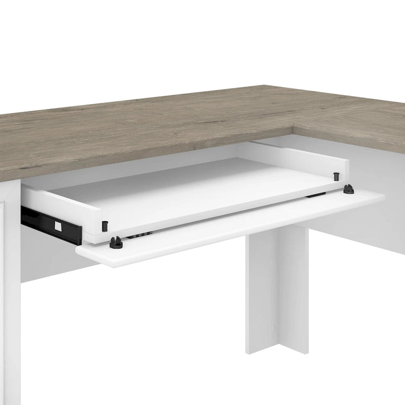 60W L-förmiger Schreibtisch mit Aufsatz, Aktenschrank und Bücherregal