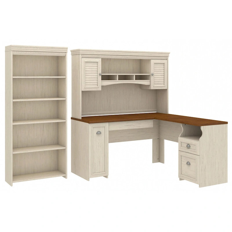 60W L-förmiger Schreibtisch mit Aufsatz, Aktenschrank und Bücherregal