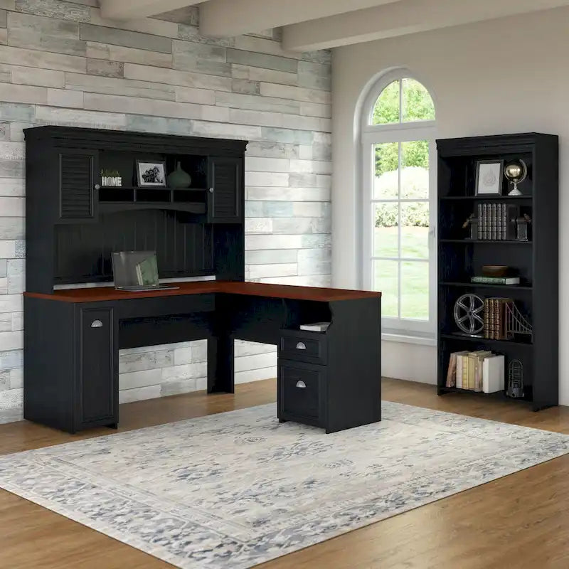 60W L-förmiger Schreibtisch mit Aufsatz, Aktenschrank und Bücherregal