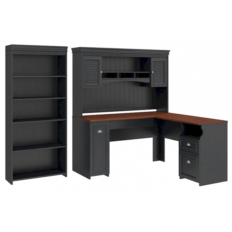 60W L-förmiger Schreibtisch mit Aufsatz, Aktenschrank und Bücherregal