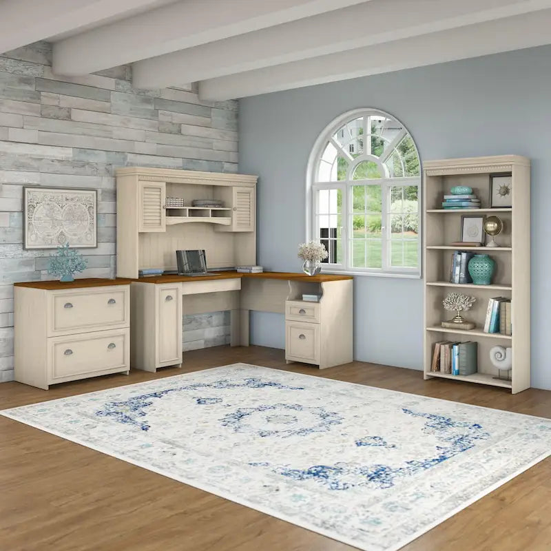 60W L-förmiger Schreibtisch mit Aufsatz, Schrank und Bücherregal