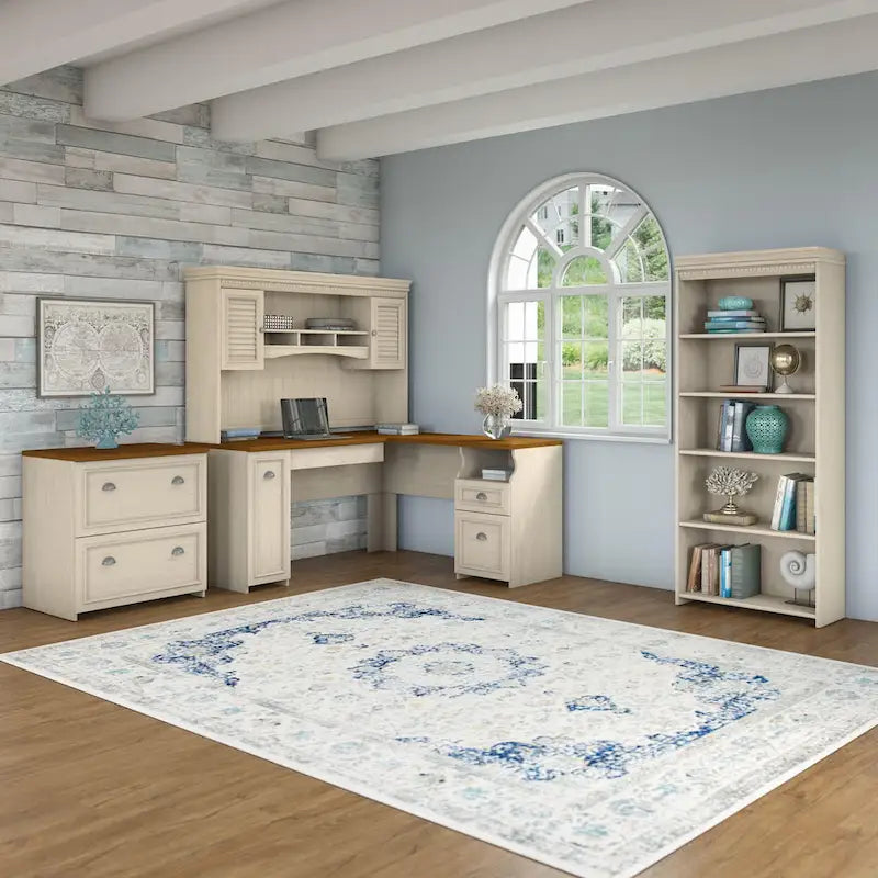 60W L-förmiger Schreibtisch mit Aufsatz, Schrank und Bücherregal