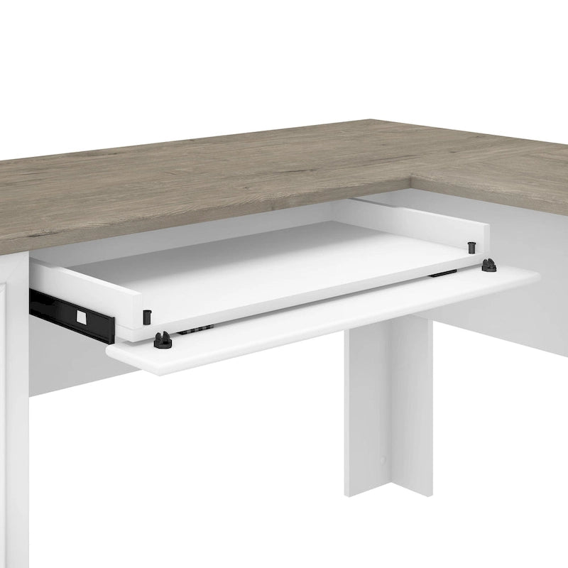 60W L-förmiger Schreibtisch mit Aufsatz, Schrank und Bücherregal