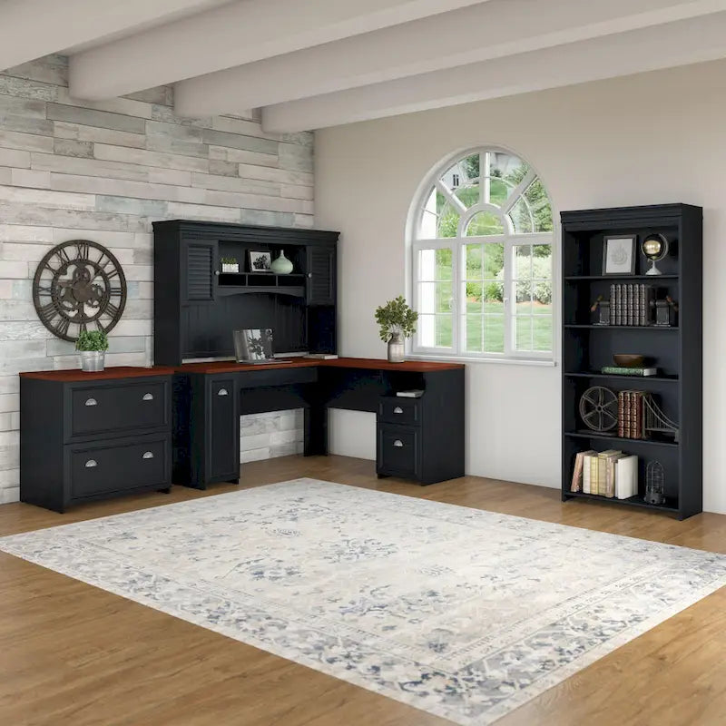 60W L-förmiger Schreibtisch mit Aufsatz, Schrank und Bücherregal