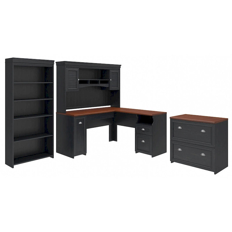 60W L-förmiger Schreibtisch mit Aufsatz, Schrank und Bücherregal