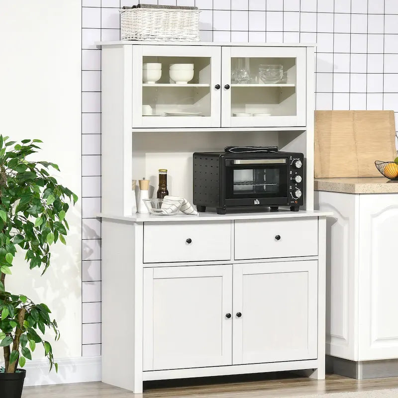 63,5" Küchenbuffet mit Aufsatz, Vorratsschrank mit 4 Einlegeböden, Schubladen, Glastüren mit Rahmen