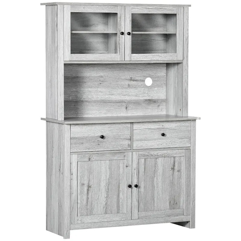 63,5" Küchenbuffet mit Aufsatz, Vorratsschrank mit 4 Einlegeböden, Schubladen, Glastüren mit Rahmen