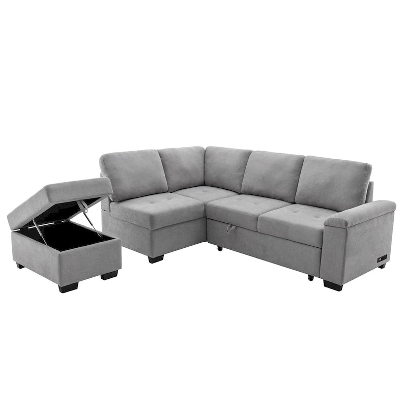 Schlafsofa, Ecksofa in L-Form mit Stauraum-Ottomane und verstecktem Armlehnen-Stauraum sowie USB-Ladefunktion für Wohnzimmer Ap