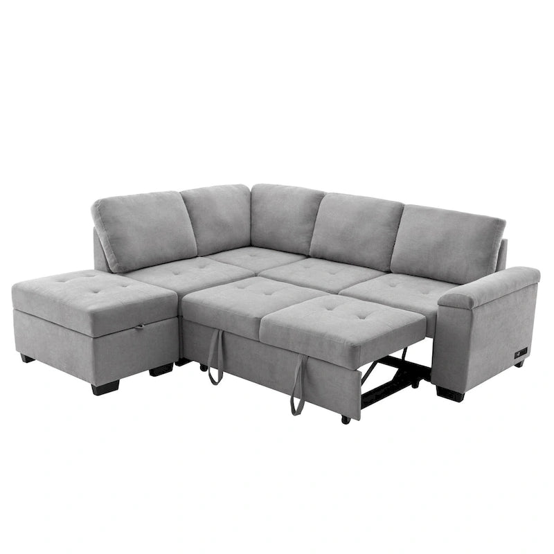 Schlafsofa, Ecksofa in L-Form mit Stauraum-Ottomane und verstecktem Armlehnen-Stauraum sowie USB-Ladefunktion für Wohnzimmer Ap