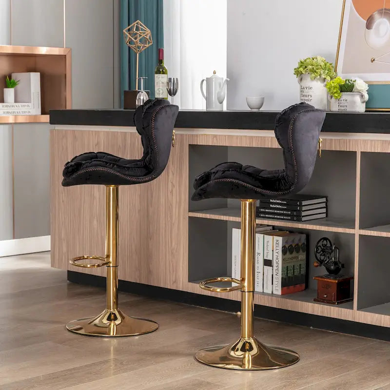 2er-Set drehbare, höhenverstellbare Barhocker aus Samt mit goldener Fußstütze und Basis