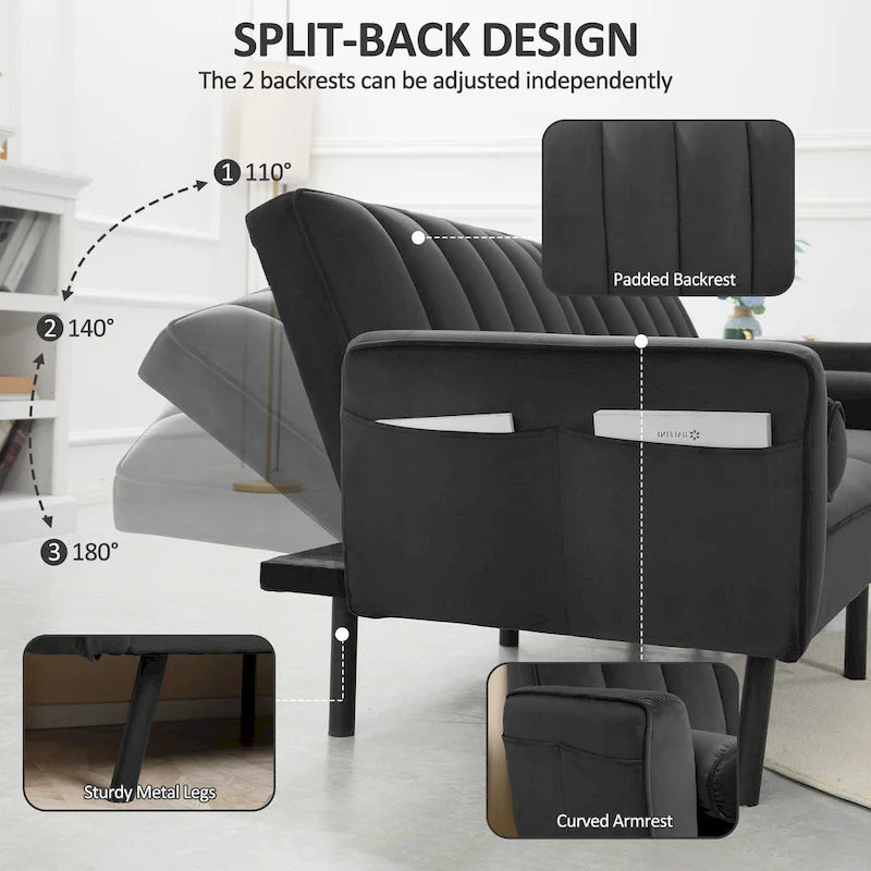 Samt-Futonsofabett, umwandelbares Schlafsofa mit verstellbarer Rückenlehne, Tagesbett Gästebett für Wohnzimmer – 2-Personen
