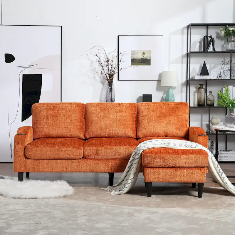 L-förmiges Chenille-Sofa mit Stauraum-Ottomane und Getränkehaltern