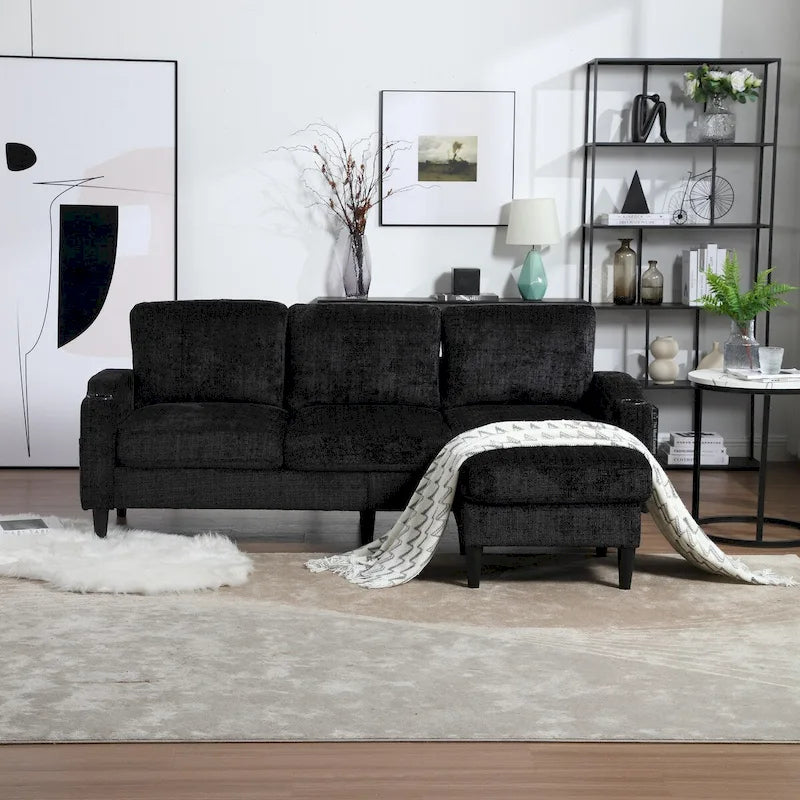 L-förmiges Chenille-Sofa mit Stauraum-Ottomane und Getränkehaltern