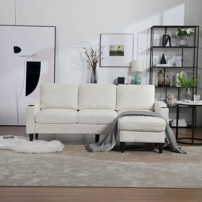 L-förmiges Chenille-Sofa mit Stauraum-Ottomane und Getränkehaltern