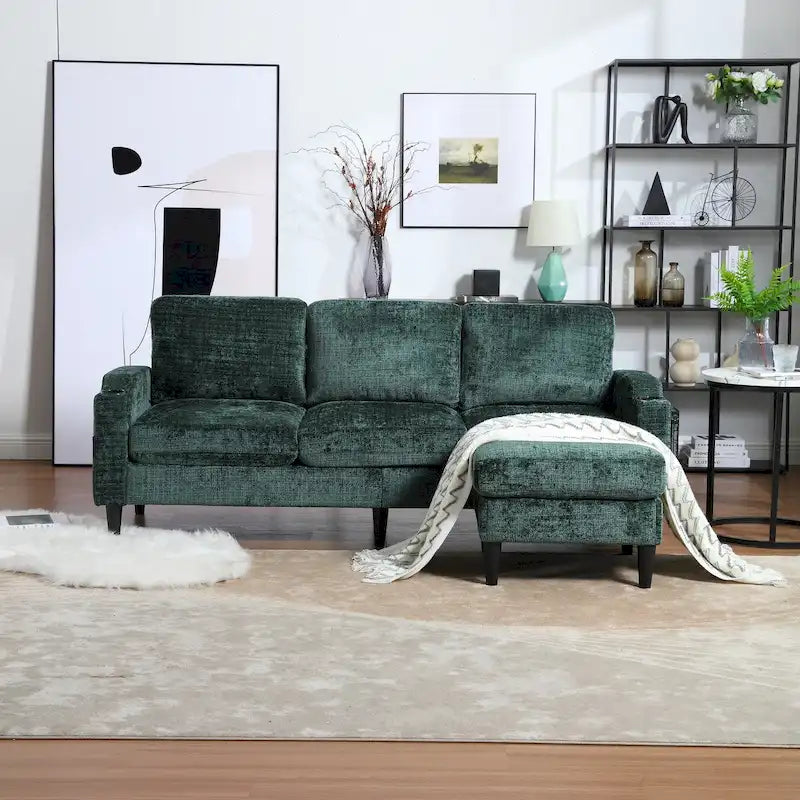 L-förmiges Chenille-Sofa mit Stauraum-Ottomane und Getränkehaltern