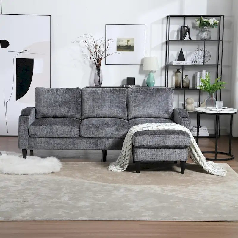 L-förmiges Chenille-Sofa mit Stauraum-Ottomane und Getränkehaltern