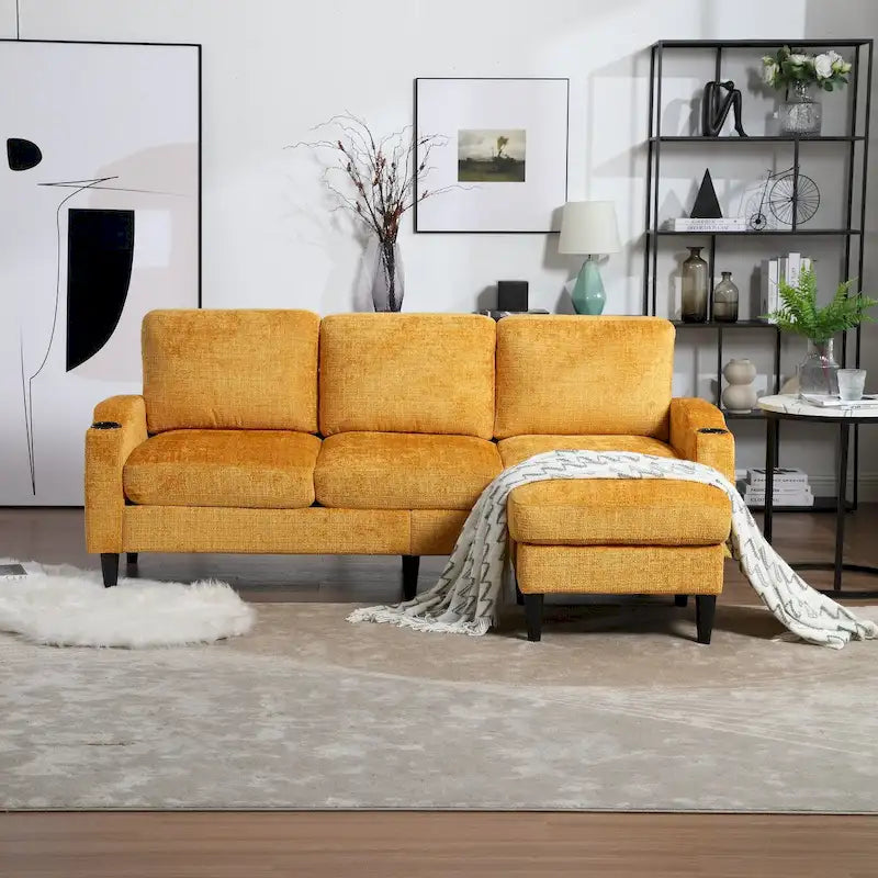 L-förmiges Chenille-Sofa mit Stauraum-Ottomane und Getränkehaltern