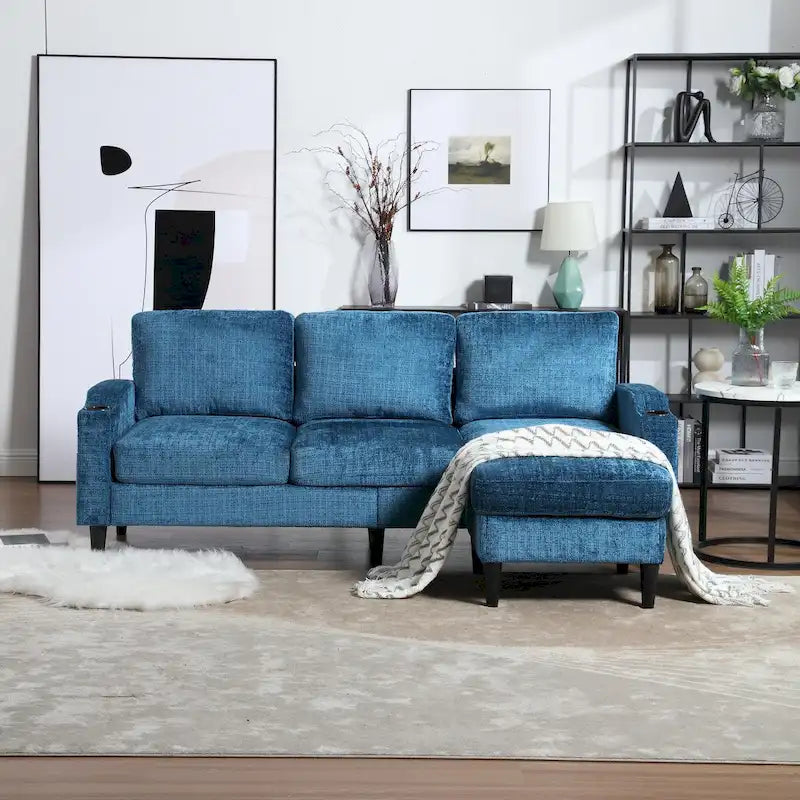L-förmiges Chenille-Sofa mit Stauraum-Ottomane und Getränkehaltern