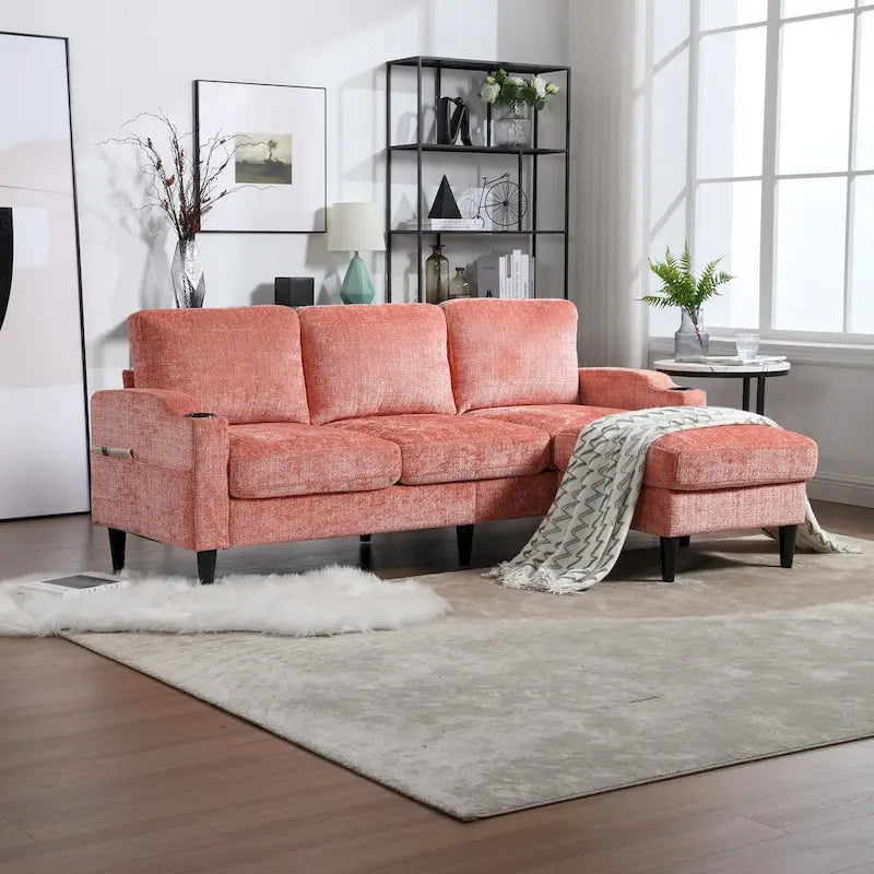 L-förmiges Chenille-Sofa mit Stauraum-Ottomane und Getränkehaltern