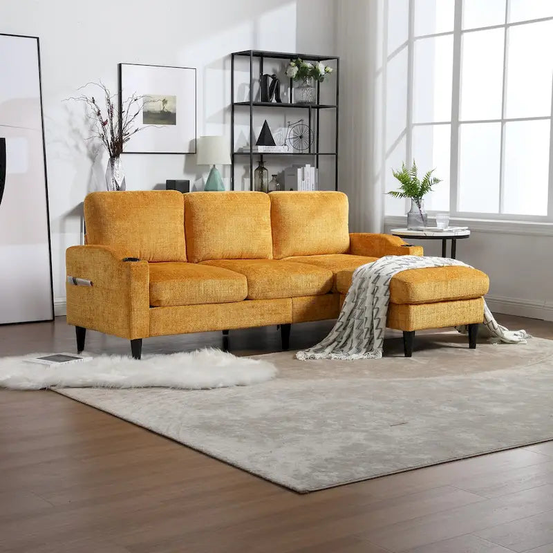 L-förmiges Chenille-Sofa mit Stauraum-Ottomane und Getränkehaltern