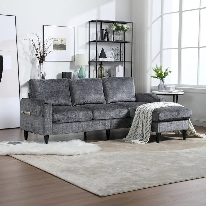 L-förmiges Chenille-Sofa mit Stauraum-Ottomane und Getränkehaltern