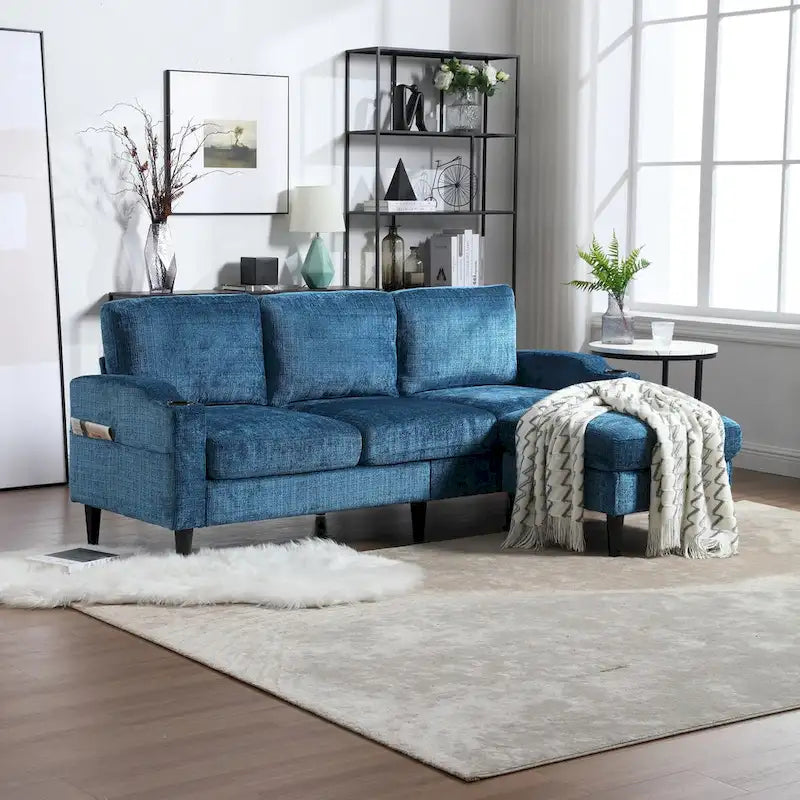 L-förmiges Chenille-Sofa mit Stauraum-Ottomane und Getränkehaltern