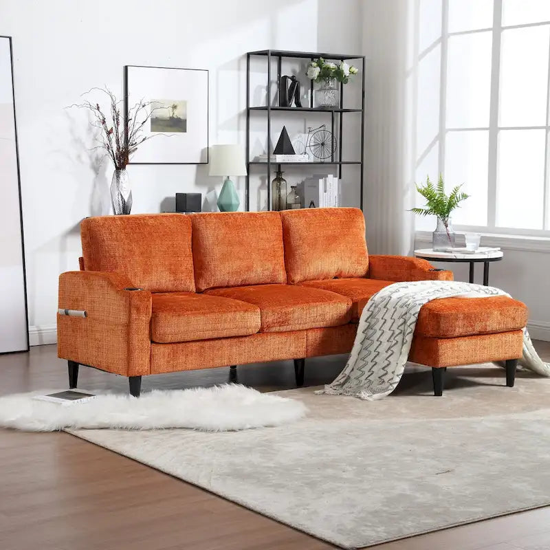 L-förmiges Chenille-Sofa mit Stauraum-Ottomane und Getränkehaltern