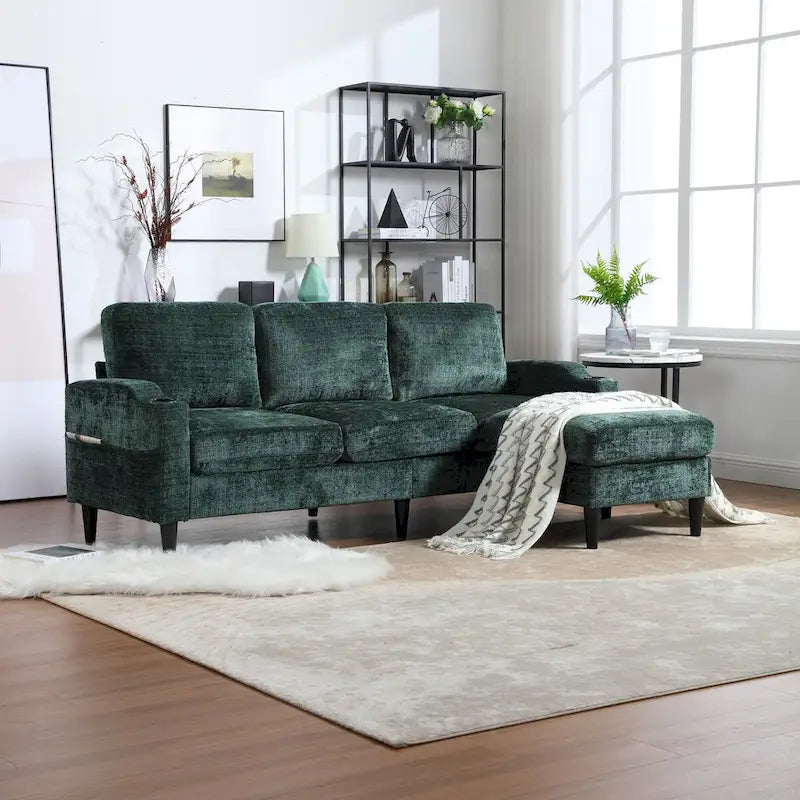 L-förmiges Chenille-Sofa mit Stauraum-Ottomane und Getränkehaltern