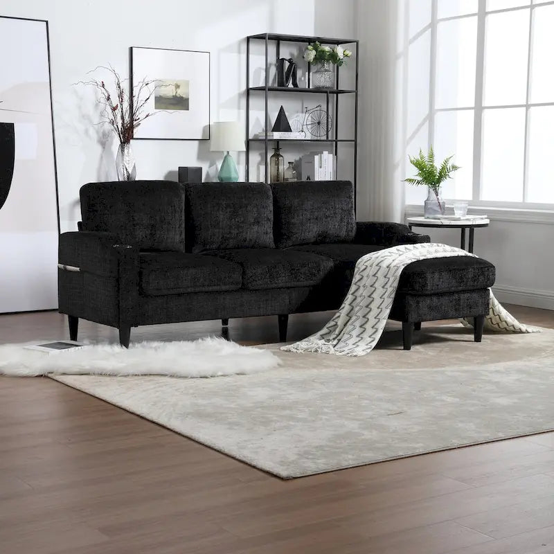 L-förmiges Chenille-Sofa mit Stauraum-Ottomane und Getränkehaltern