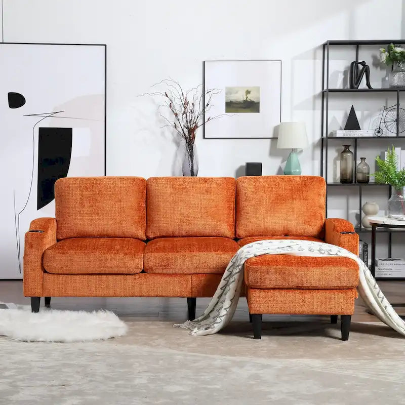 L-förmiges Chenille-Sofa mit Stauraum-Ottomane und Getränkehaltern