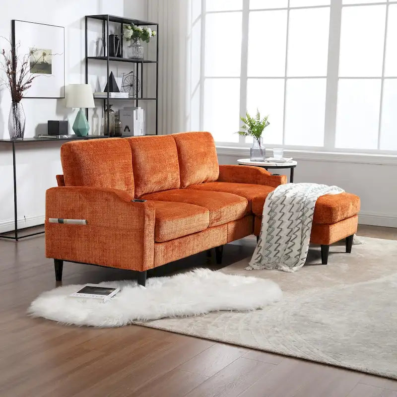 L-förmiges Chenille-Sofa mit Stauraum-Ottomane und Getränkehaltern