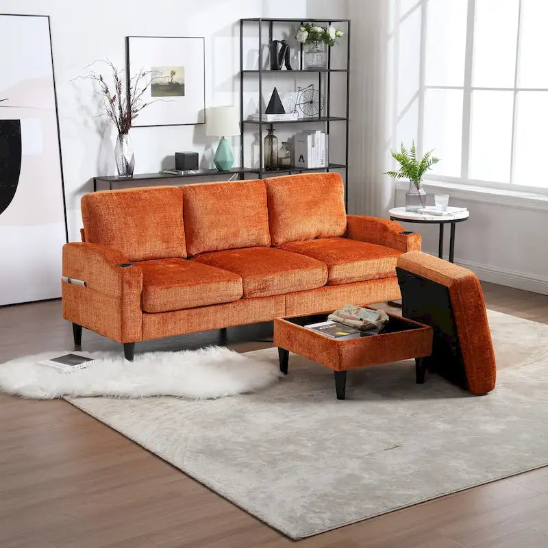 L-förmiges Chenille-Sofa mit Stauraum-Ottomane und Getränkehaltern