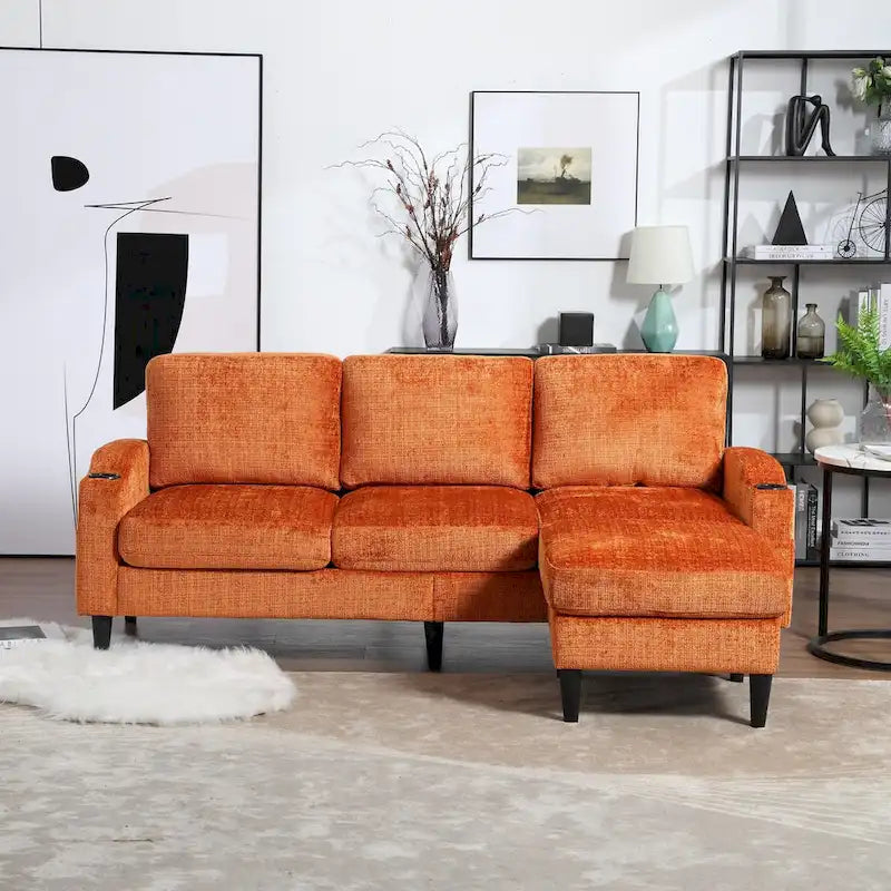 L-förmiges Chenille-Sofa mit Stauraum-Ottomane und Getränkehaltern