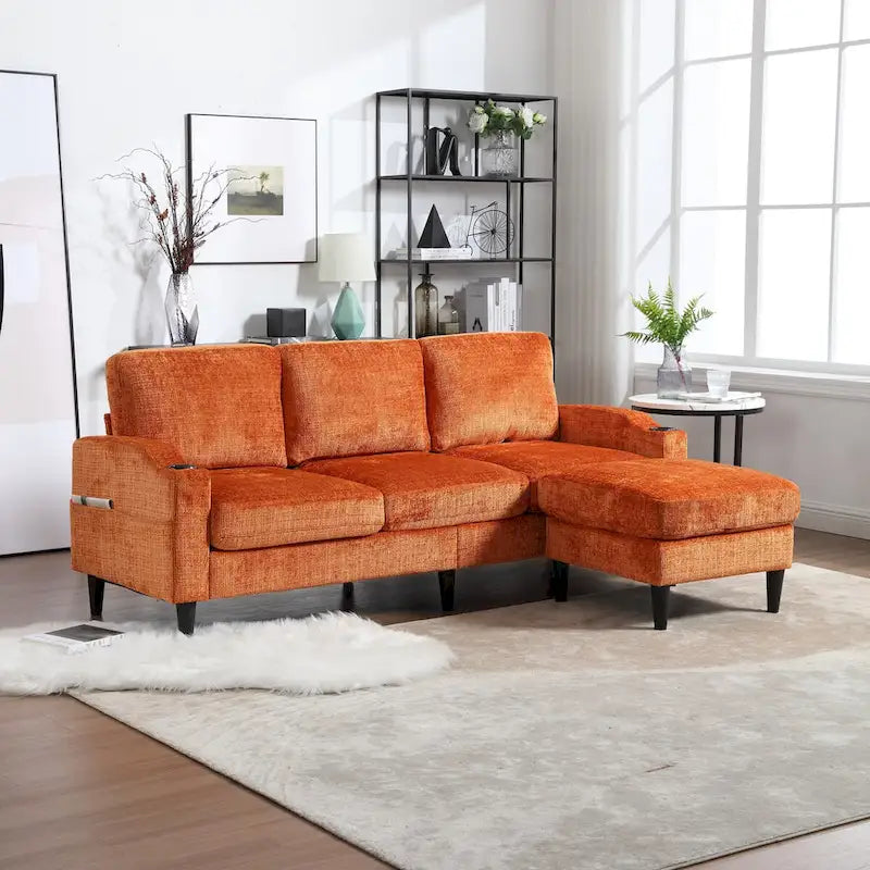 L-förmiges Chenille-Sofa mit Stauraum-Ottomane und Getränkehaltern