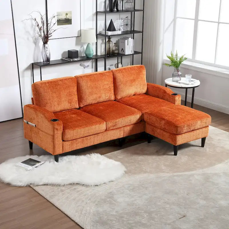 L-förmiges Chenille-Sofa mit Stauraum-Ottomane und Getränkehaltern