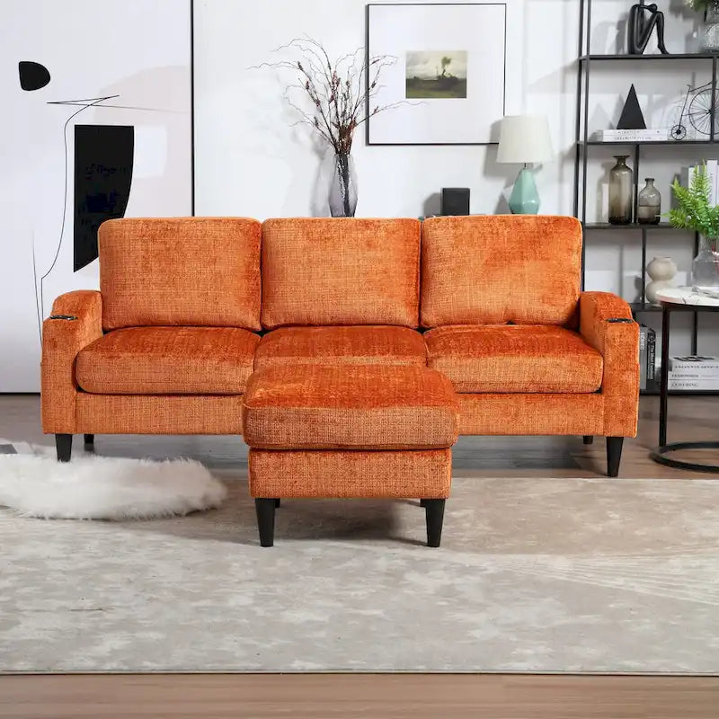L-förmiges Chenille-Sofa mit Stauraum-Ottomane und Getränkehaltern