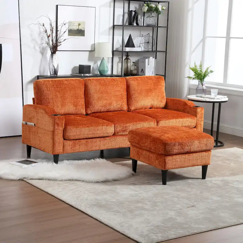L-förmiges Chenille-Sofa mit Stauraum-Ottomane und Getränkehaltern