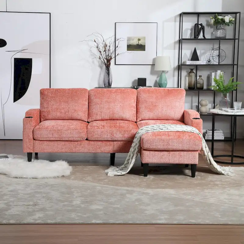 L-förmiges Chenille-Sofa mit Stauraum-Ottomane und Getränkehaltern
