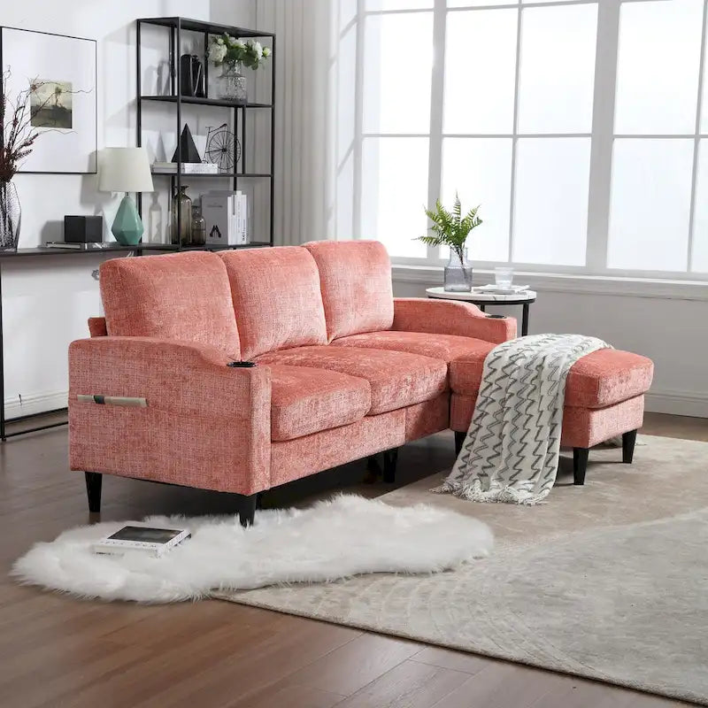 L-förmiges Chenille-Sofa mit Stauraum-Ottomane und Getränkehaltern