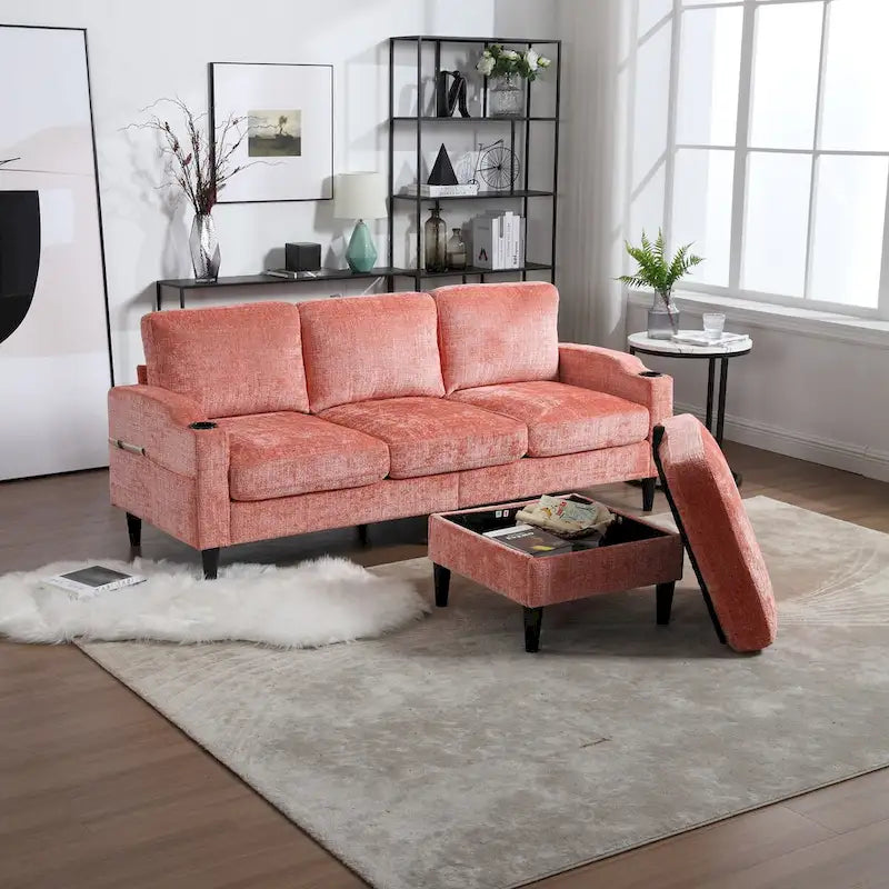 L-förmiges Chenille-Sofa mit Stauraum-Ottomane und Getränkehaltern