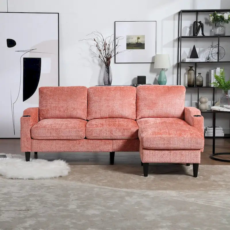 L-förmiges Chenille-Sofa mit Stauraum-Ottomane und Getränkehaltern