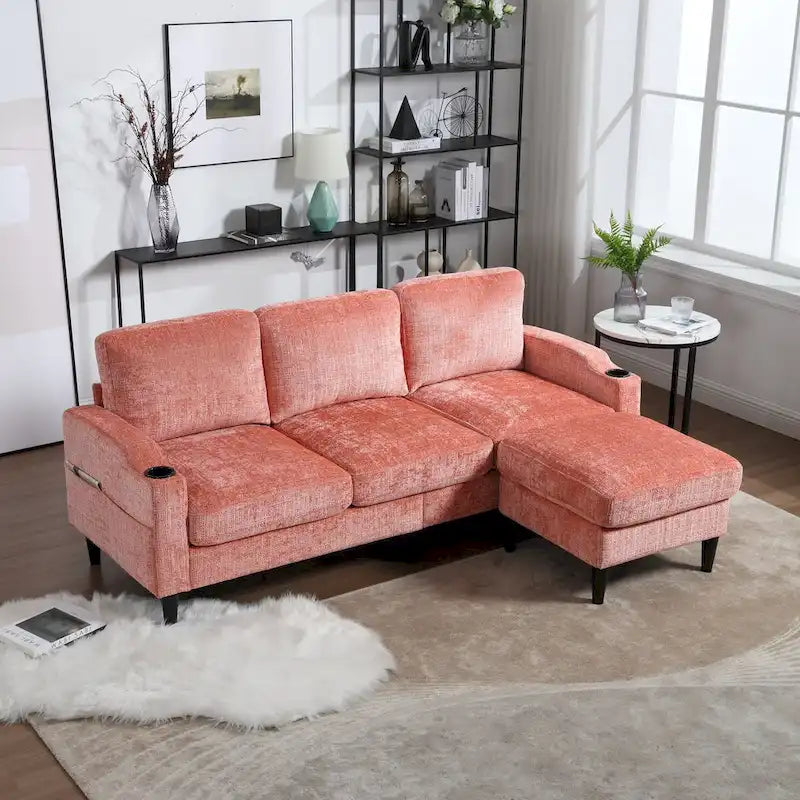 L-förmiges Chenille-Sofa mit Stauraum-Ottomane und Getränkehaltern