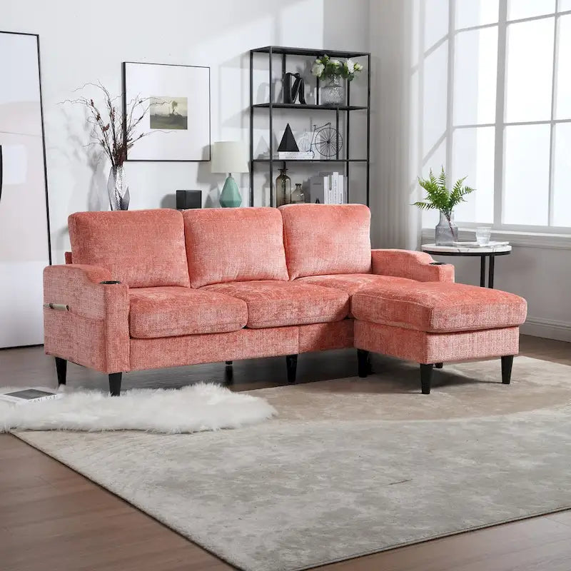 L-förmiges Chenille-Sofa mit Stauraum-Ottomane und Getränkehaltern