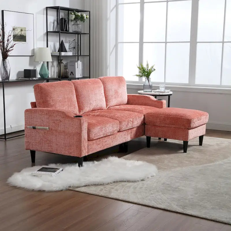 L-förmiges Chenille-Sofa mit Stauraum-Ottomane und Getränkehaltern