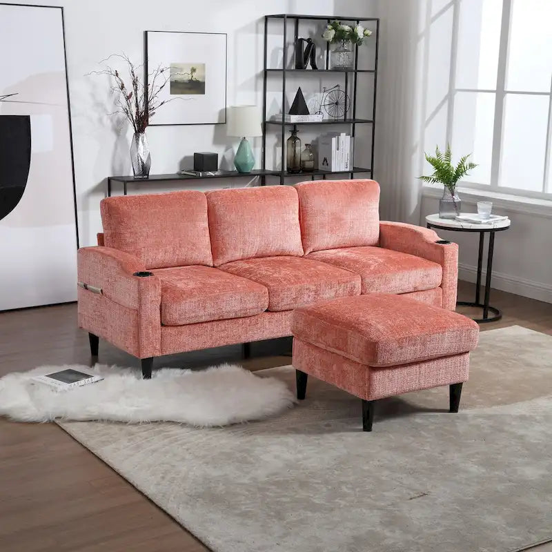 L-förmiges Chenille-Sofa mit Stauraum-Ottomane und Getränkehaltern