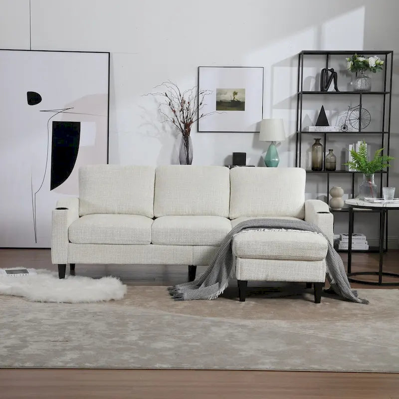 L-förmiges Chenille-Sofa mit Stauraum-Ottomane und Getränkehaltern